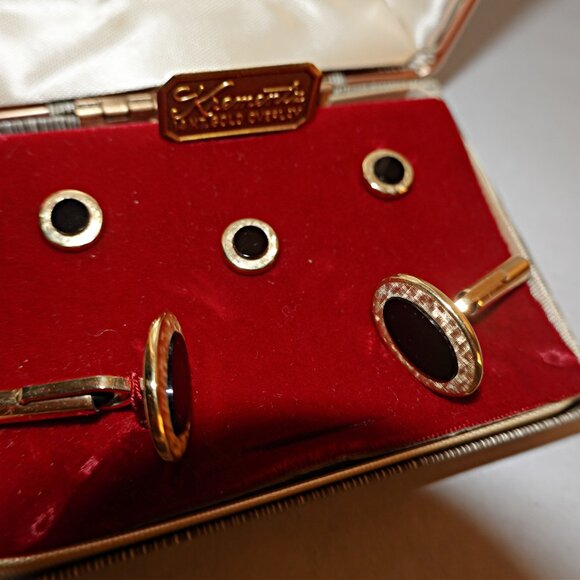 14k Gold Overlay and Genuine Onyx Men’s Cufflinks and Stud Set - Picture 2 of 4